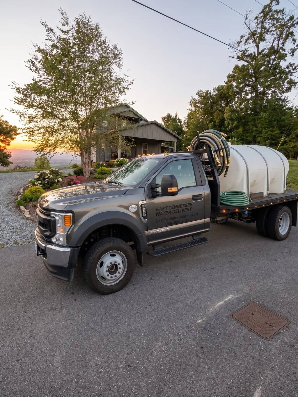 The water delivery truck parked on a mountain road at sunset, with a large log cabin and the Smoky Mountain ridges behind it